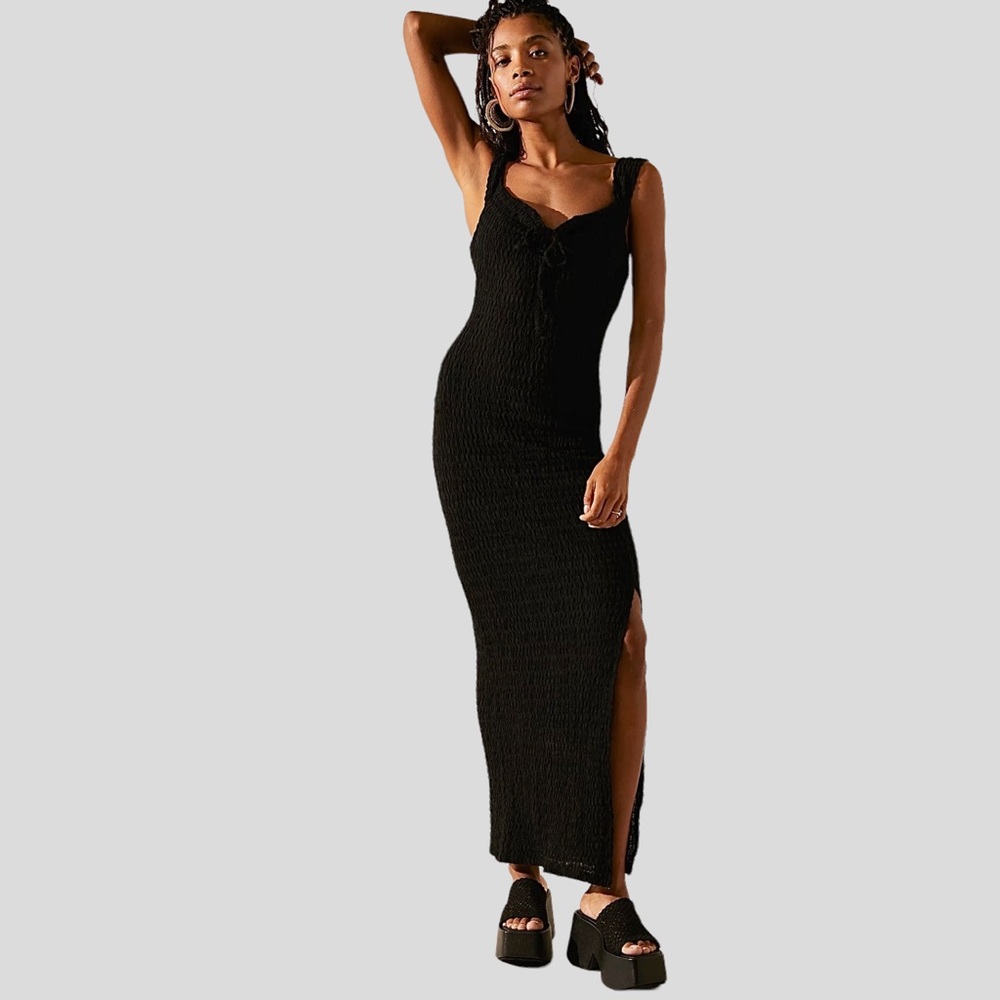 Free People Beach Eleni Bodycon Midi Dress Black Leg Slit Women’s Size L